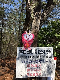 山頂の看板の上にいるふ～ちゃんの写真