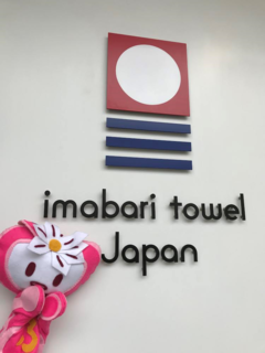 今治タオル本店のロゴの前にいるふ~ちゃんの写真